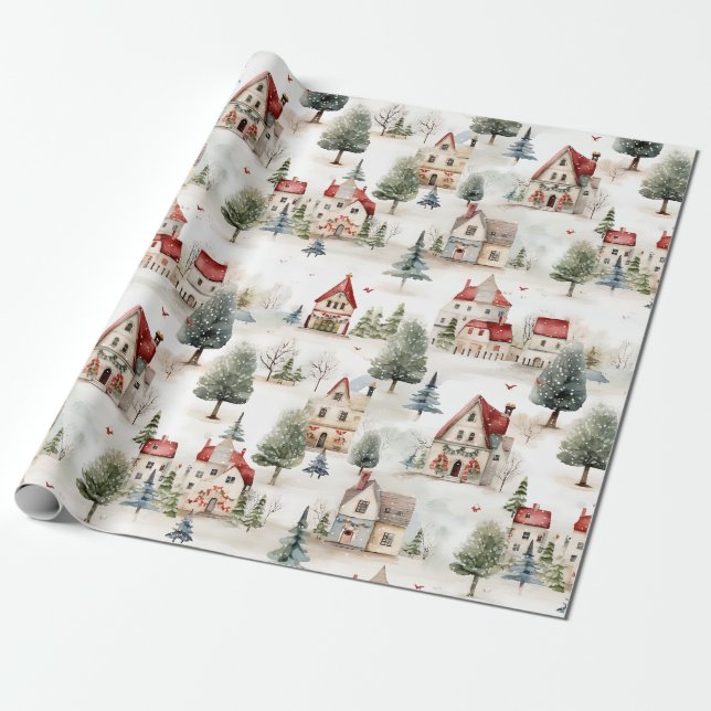 Niedliches Weihnachtsdorf Geschenkpapier (Ungerollt)