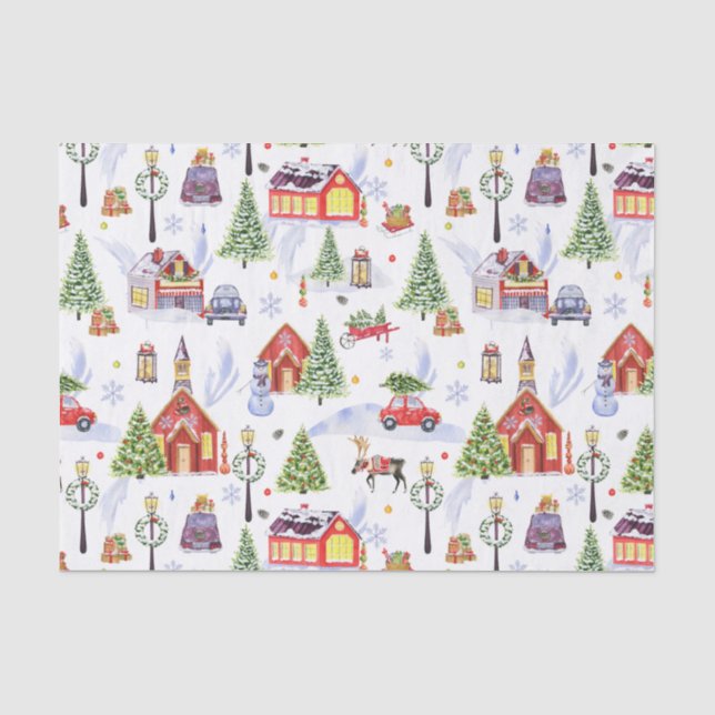 Niedliches Weihnachtsdorf mit Weihnachtsbaum Seidenpapier (Vorderseite)