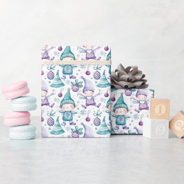 Niedliches Weihnachtselfenmuster Geschenkpapier (Babyparty)