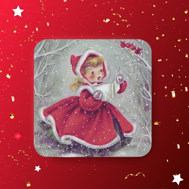 Niedliches Weihnachtsfest Quadratischer Aufkleber (Cute Vintage Christmas Girl Caroling in Snow Square Sticker)