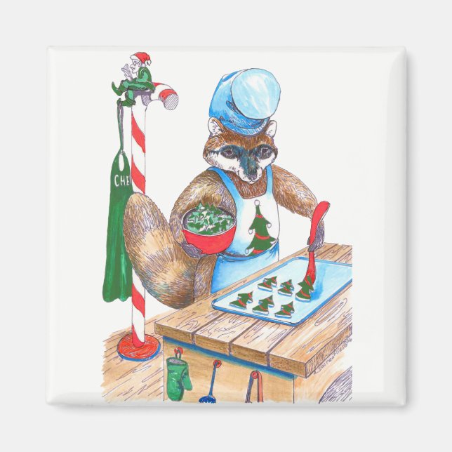 Niedliches Weihnachtsfest Raccoon Kulinarischer Ko Magnet (Vorne)