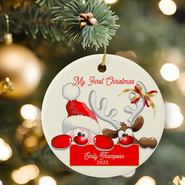 Niedliches Weihnachtsfest & Rentier Baby Keramik Ornament (Cute Santa & Reindeer Baby’s First Christmas Ceramic Ornament)
