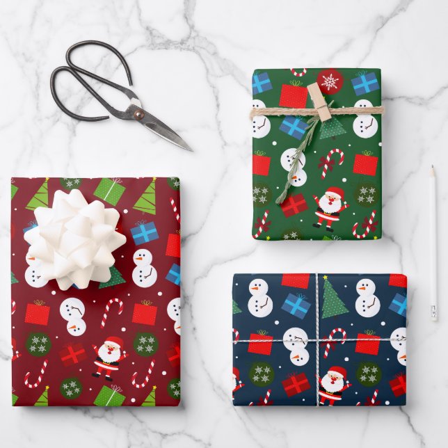 Niedliches Weihnachtsfest & Snowman Set von 3 Geschenkpapier Set (Vorderseite)