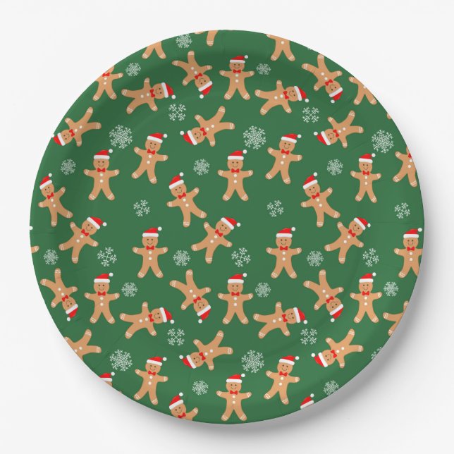Niedliches Weihnachtsgebäck Männer auf Grün Pappteller (Vorderseite)