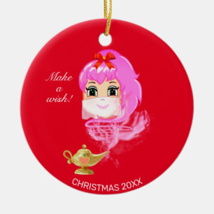Niedliches Weihnachtsgenie & Magie-Lampe auf Rot Keramik Ornament