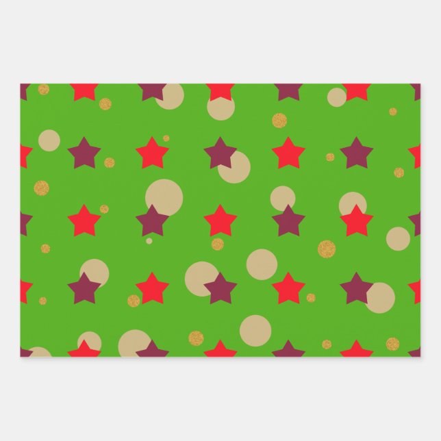 Niedliches Weihnachtsgeschenk der Grünen Sterne Geschenkpapier Set (Vorderseite)