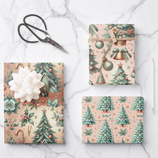 Niedliches Weihnachtsgeschenk für Grüne Bäume Geschenkpapier Set (Vorderseite)