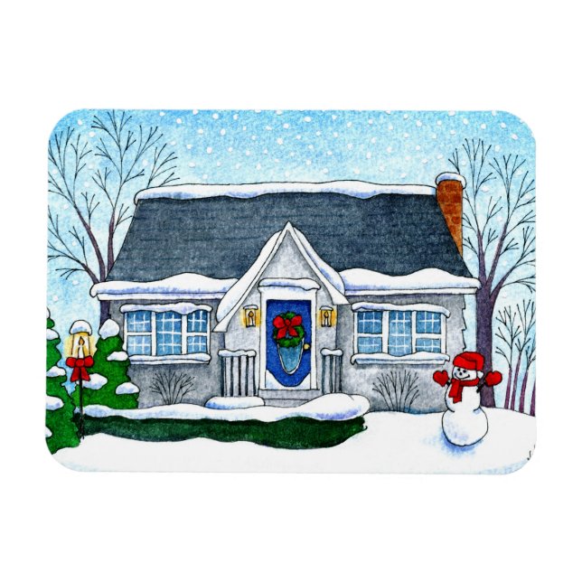 Niedliches Weihnachtshaus mit Schneemagnet Magnet (Horizontal)