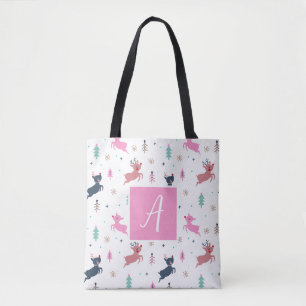 Niedliches Weihnachtshirsch und Baummonogramm weiß Tasche