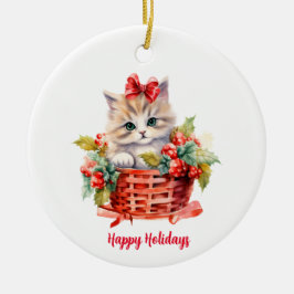 Niedliches Weihnachtskätzchen in einem Korb Keramik Ornament