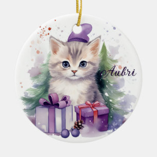 Niedliches Weihnachtskätzchen mit Geschenken Weihn Keramik Ornament