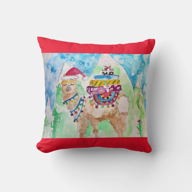 Niedliches Weihnachtslama Wasserfarbe Rotes Dekor  Kissen (Vorderseite)