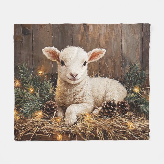 Niedliches Weihnachtslamm Rustikale Malerei Fleecedecke (Vorderseite (Horizontal))