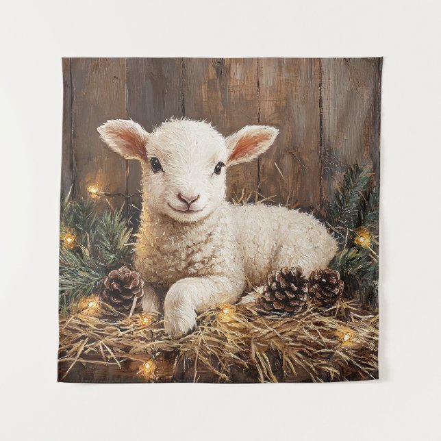 Niedliches Weihnachtslamm Rustikale Malerei Wandteppich (Vorderseite)