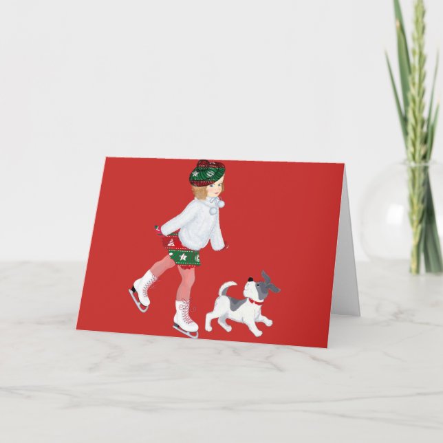 Niedliches Weihnachtsmädchen & Hund Karte (Vorderseite)