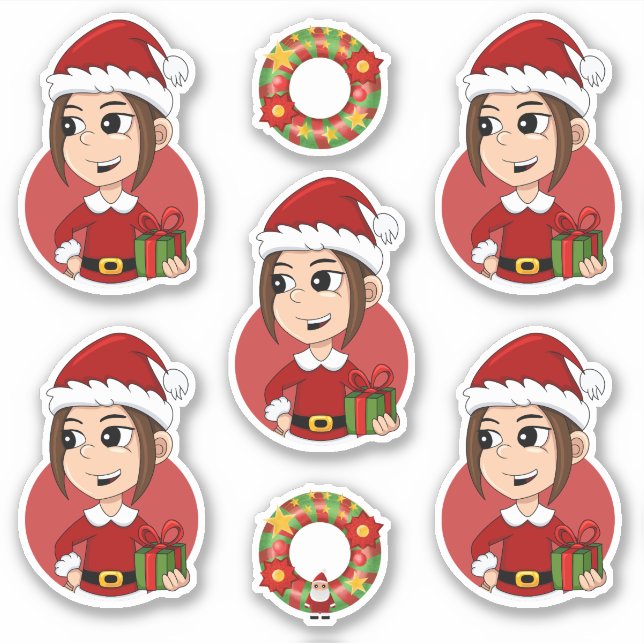 Niedliches Weihnachtsmädchen mit braunem Haar Aufkleber (Vorderseite)