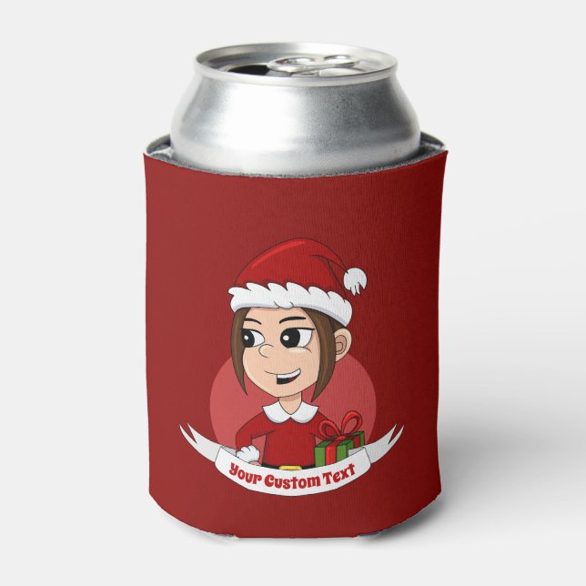 Niedliches Weihnachtsmädchen mit braunem Haar Dosenkühler (Kanne Vorderseite)