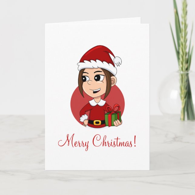 Niedliches Weihnachtsmädchen mit braunem Haar Feiertagskarte (Vorderseite)