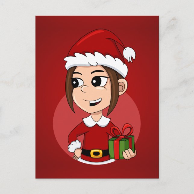 Niedliches Weihnachtsmädchen mit braunem Haar Feiertagspostkarte (Vorderseite)