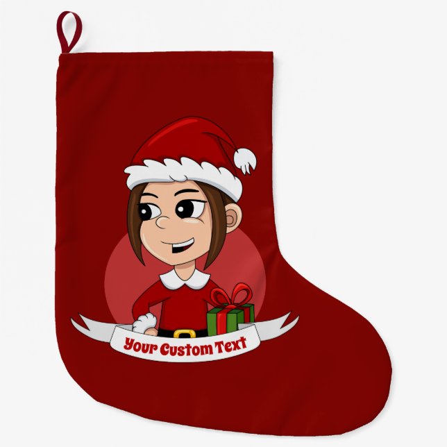 Niedliches Weihnachtsmädchen mit braunem Haar Großer Weihnachtsstrumpf (Vorderseite)