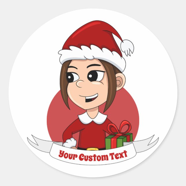 Niedliches Weihnachtsmädchen mit braunem Haar Runder Aufkleber (Vorderseite)