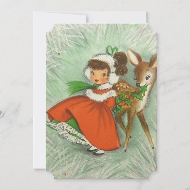 Niedliches Weihnachtsmädchen mit Hirsch Dankeskarte (Vorderseite)