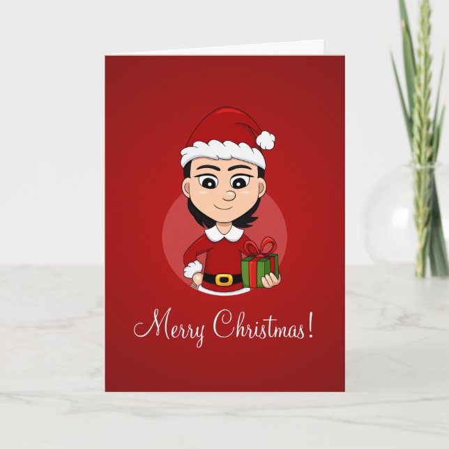 Niedliches Weihnachtsmädchen mit kurzem schwarzem  Feiertagskarte (Vorderseite)