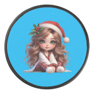 Niedliches Weihnachtsmädchen mit Weihnachtsmannmüt Eishockey Puck