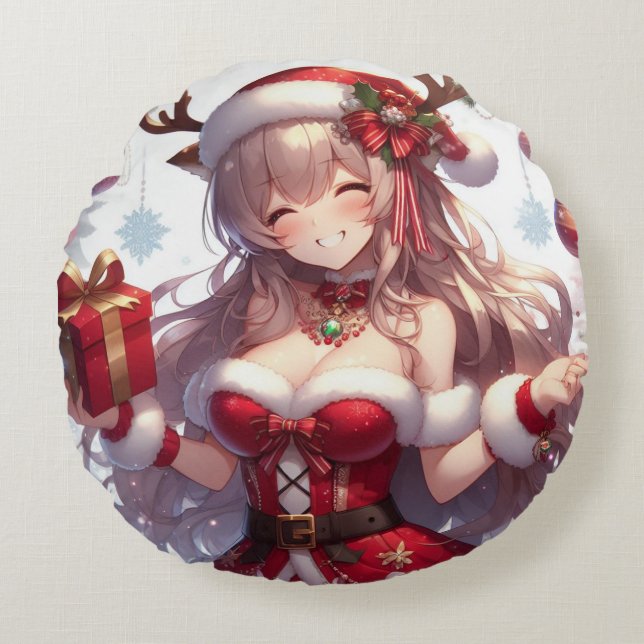 Niedliches Weihnachtsmädchen Rundes Kissen (Vorderseite)
