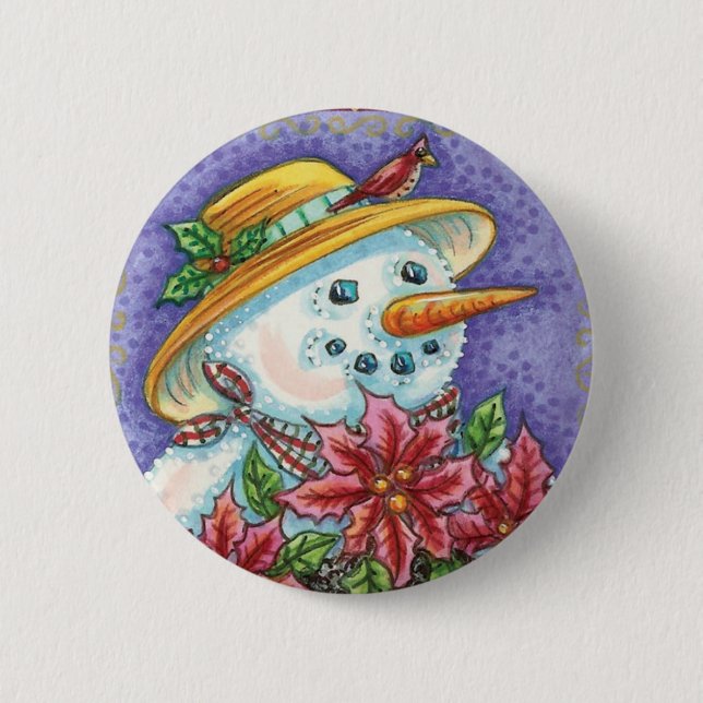 Niedliches Weihnachtsmädchen Snowman mit Poinsetti Button (Vorderseite)