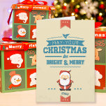 Niedliches Weihnachtsmann-Band-blaues Feiertagskarte<br><div class="desc">Niedlicher Weihnachtsmann mit rot-die Hauptrolle gespielte Bänder und Unterseite oben einfassen.  Blau,  grafische Typografie auf beige Hintergrund.</div>