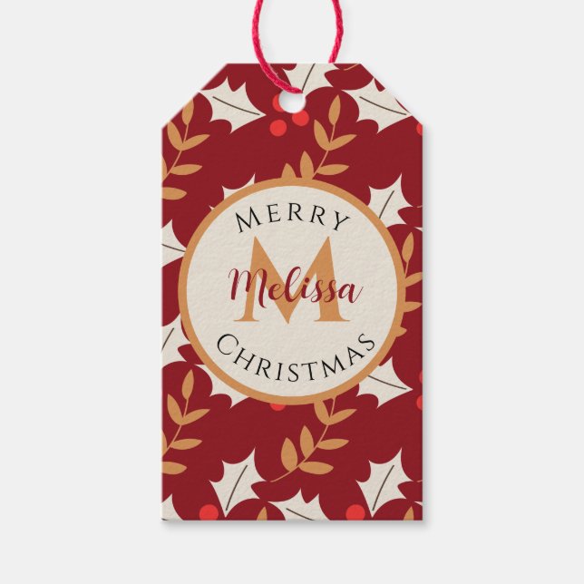 Niedliches Weihnachtsmongramm Burgundy Holly Mistl Geschenkanhänger (Vorderseite)