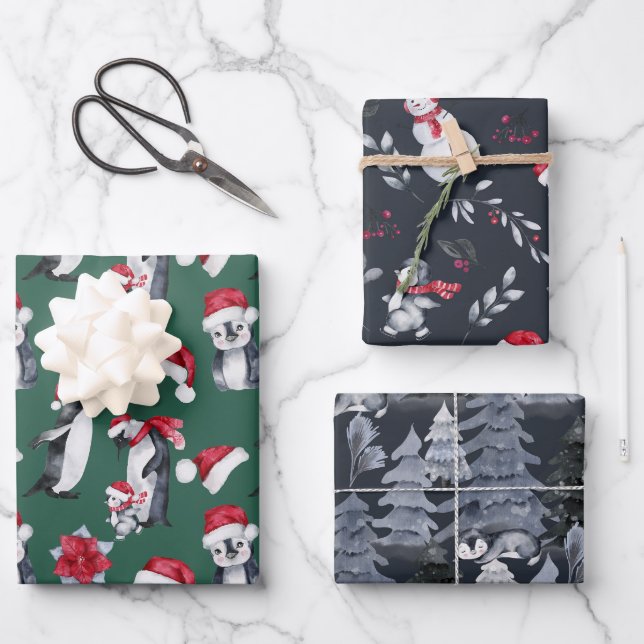 Niedliches Weihnachtsmuster Pinguin Illustration K Geschenkpapier Set (Vorderseite)