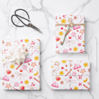 Niedliches Weihnachtsmuster Süßigkeiten Weiß und R Geschenkpapier Set