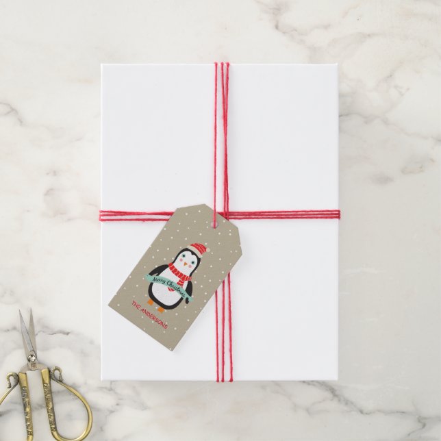 Niedliches Weihnachtspenquin "Frohe Weihnachten" P Geschenkanhänger (Mit Garn)