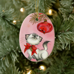 Niedliches WeihnachtsRetro Vintag Kitten Katzenbau Keramik Ornament