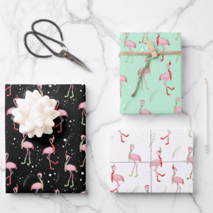Niedliches Weihnachtsrosa Flamingo-Muster Geschenkpapier Set