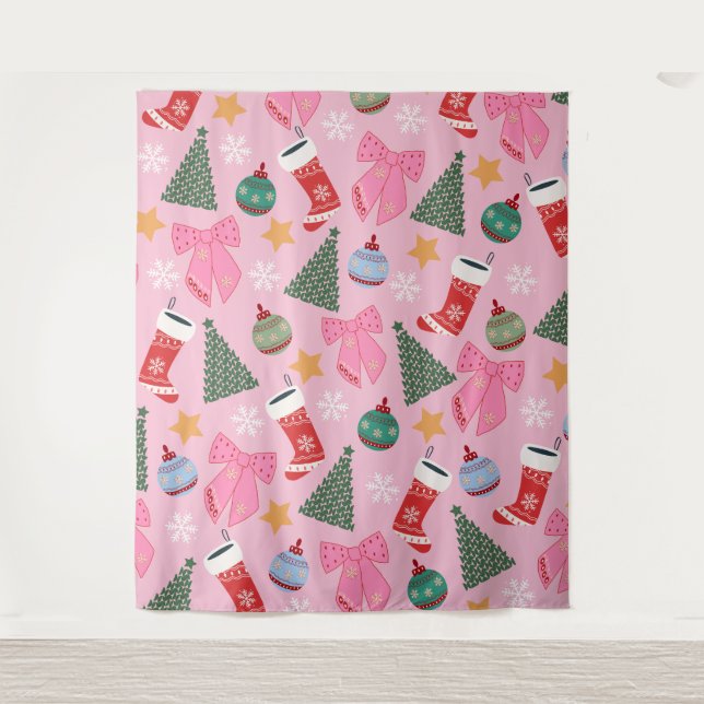 Niedliches Weihnachtsrosa Wandteppich (Vorderseite)