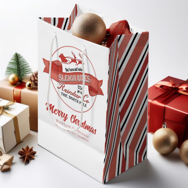 Niedliches Weihnachtsrot und Weiß Mittlere Geschenktüte (Merry Christmas holiday gift bag with retro vintage style.)