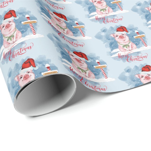 Niedliches Weihnachtsschwein am Nordpol Geschenkpapier (Rolleneckpunkt)