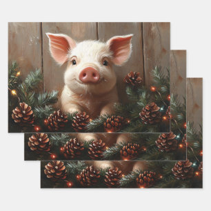 Niedliches Weihnachtsschwein Rustikale Malerei Dek Geschenkpapier Set