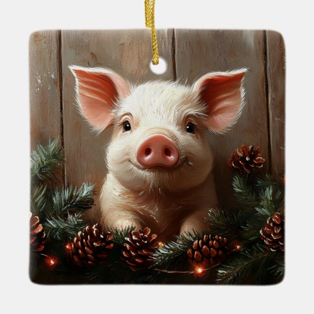 Niedliches Weihnachtsschwein Rustikales Gemälde Keramikornament (Vorderseite)