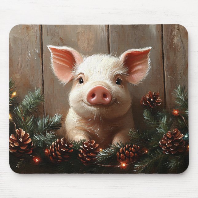 Niedliches Weihnachtsschwein Rustikales Gemälde Mousepad (Vorne)