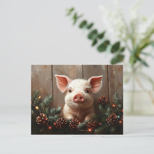 Niedliches Weihnachtsschwein Rustikales Gemälde Postkarte (Stehend Vorderseite)