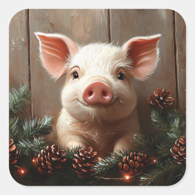 Niedliches Weihnachtsschwein Rustikales Gemälde Quadratischer Aufkleber (Vorderseite)