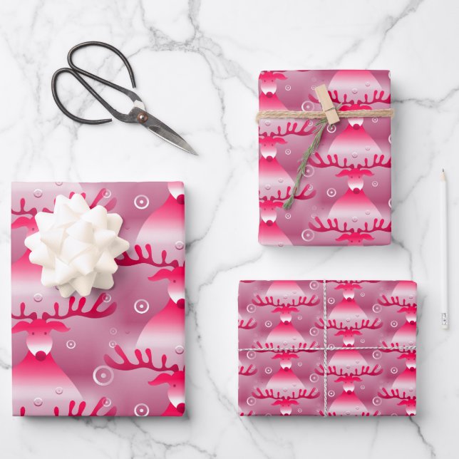 Niedliches Weihnachtsthema Rudolf Reindeer Xmas Geschenkpapier Set (Vorderseite)