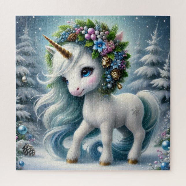 Niedliches Weihnachtsweißeinhorn mit Goldhorn (Vertikal)