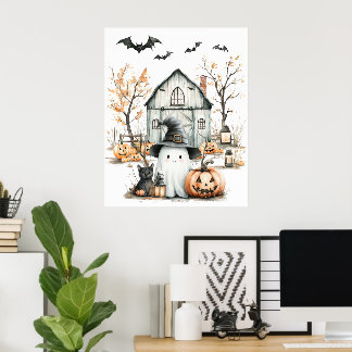 Niedliches Weiß- und Orangenschaum mit Herbststall Poster