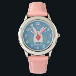 Niedliches weißes Bunny mit Herz Personalisiert Armbanduhr<br><div class="desc">Adorable weiße Kaninchen mit einem roten Herz mit Frühlingsblumen und rosa Herzen über dem Kopf.</div>