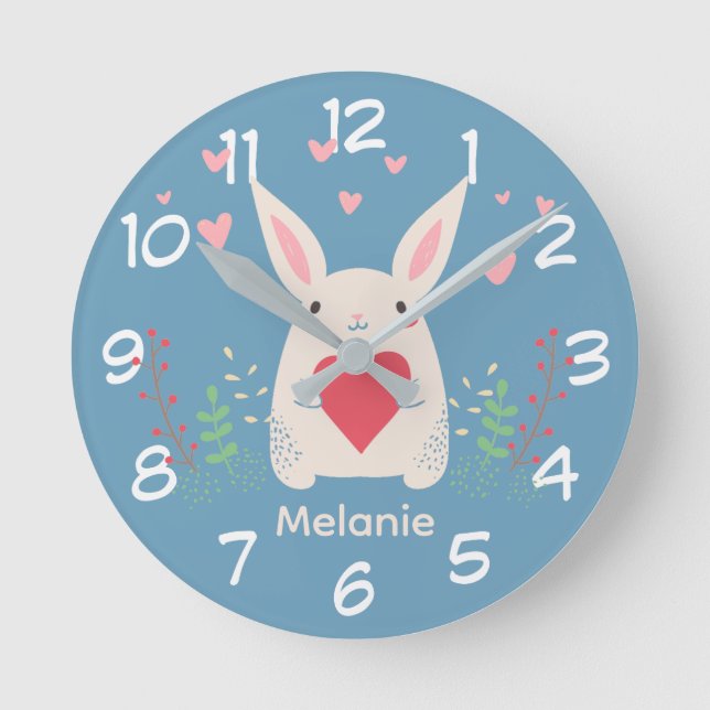 Niedliches weißes Bunny mit Herz Personalisiert Runde Wanduhr (Vorderseite)